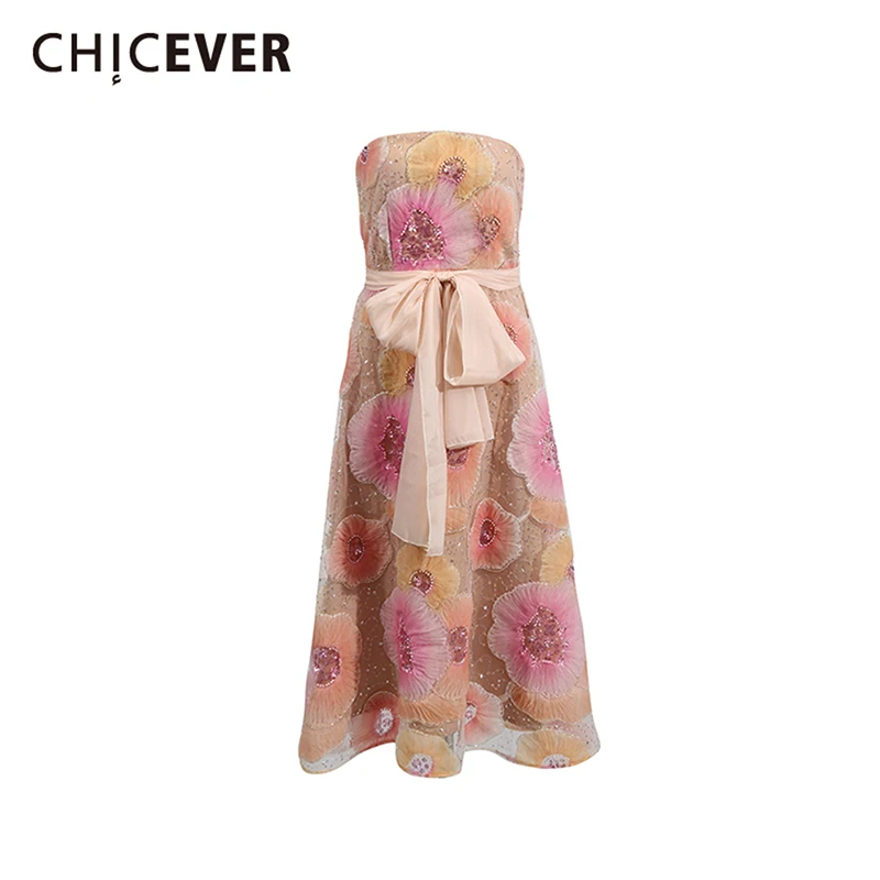 

CHICEVER Embroidery Spliced Beading Mid Dresses for Women Strapless Sleeveless High Waist Elegant Patchwork Lace Up Dress Female