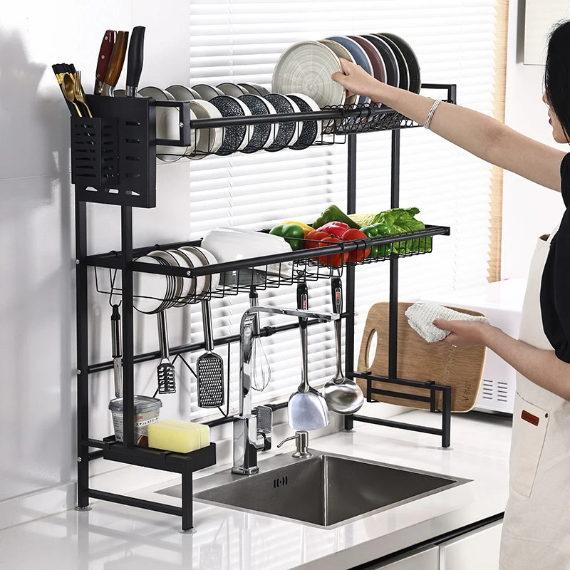 Kitchen carbon steel Sink Drain Rack Kitchen Shelf DIY Dishes Cutlery Dry Drain Layer Storage Rack Pantry Dish Drying Rack