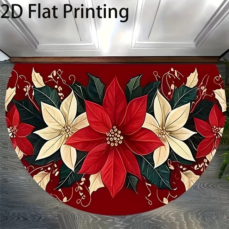 VIKAMA Christmas Poinsettia Semi Circle Doormat Xmas Farmhouse Washable Non Slip Entry Rug Home Decor