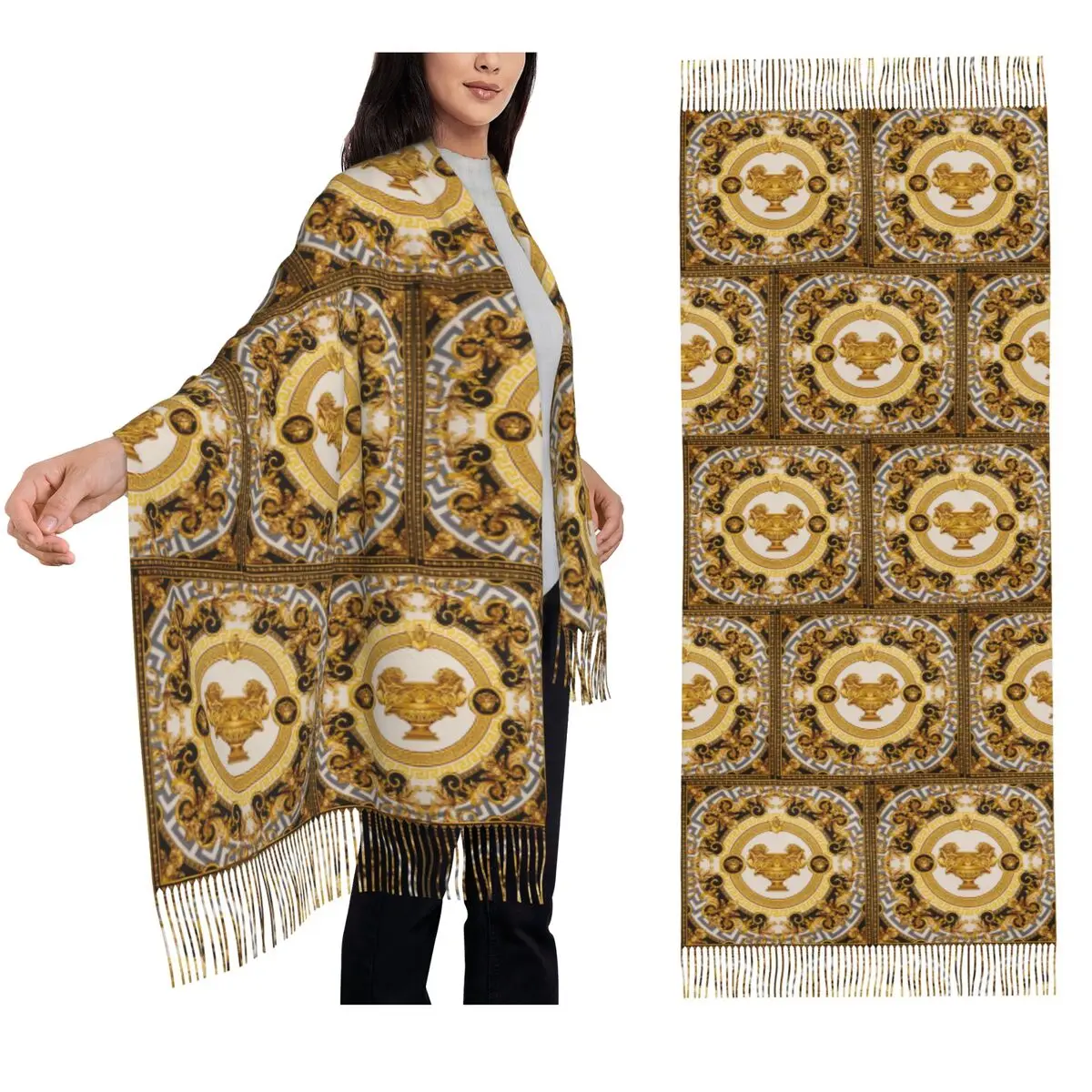 

Decorative Golden Medallion Baroque Scarf Tassel Scarves for Women Soft Warm Shawls and Wraps Large Fall Winter Shawl Wrap