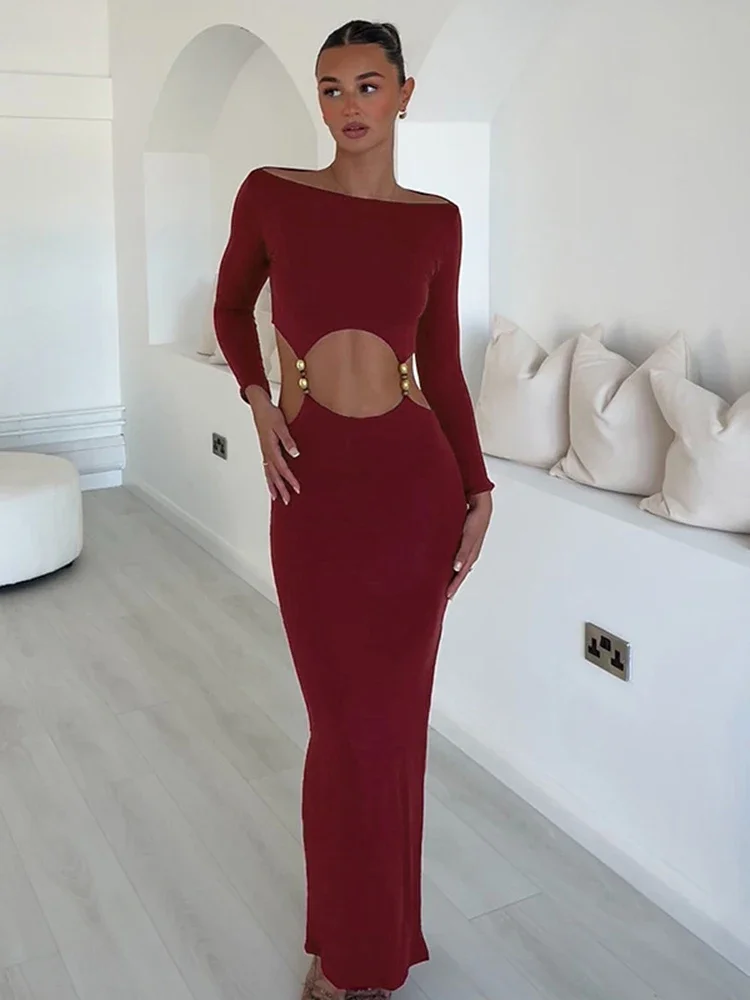 

TARUXY Waist Hollow Slim Sexy Long Dress For Women Side Slits Fashion Long Sleeve Gown Dress High Elasticity Dress Lady Elegant