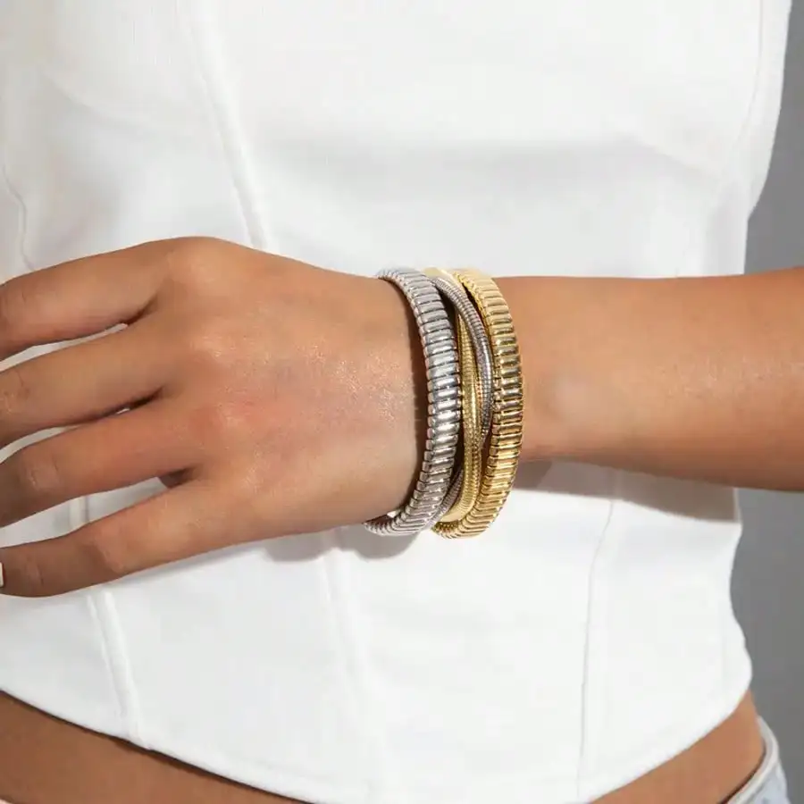 Vintage Style Gold and Silver Contrast Color Multi-layer Snake Bone Chain Bracelet, Unique Design Open Cuff, Fashionable Stackab