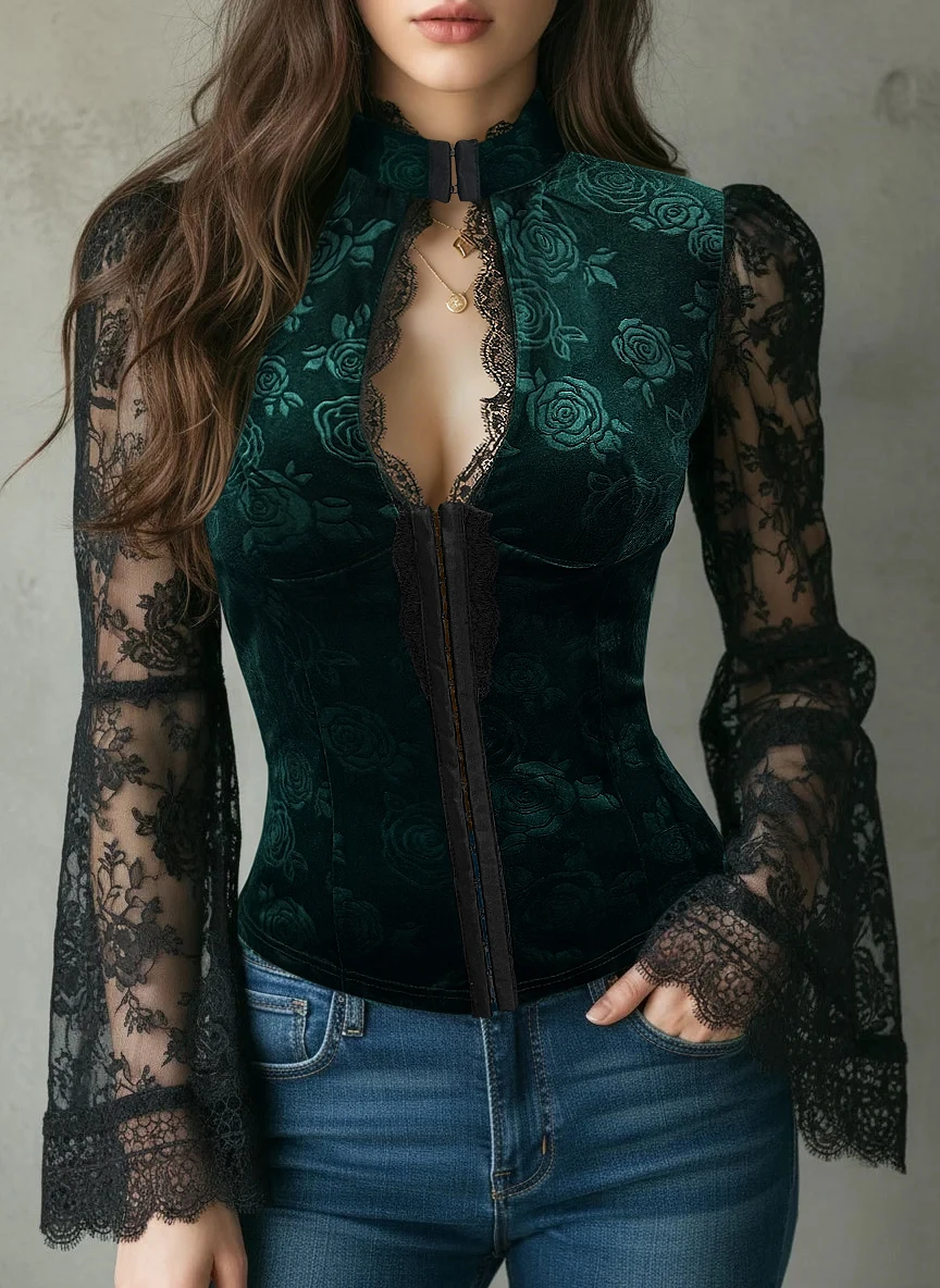 

Элегантная женская блузка из бархата с кружевной отделкой, сексуальный воротник-стойка, прозрачные расклешенные рукава, приталенный крой, однотонная, винтажная, повседневная, в готическом стиле, шикарная рубашка
