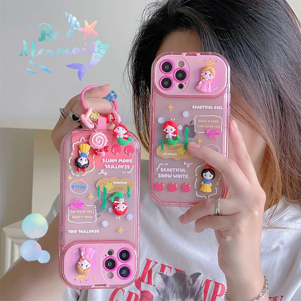 3D Cartoon Disney Ariel Princess with Mirror Pendant Phone Case for IPhone 15 14 13 12 11 Pro Max XS MAX Anti-fall Back Cover