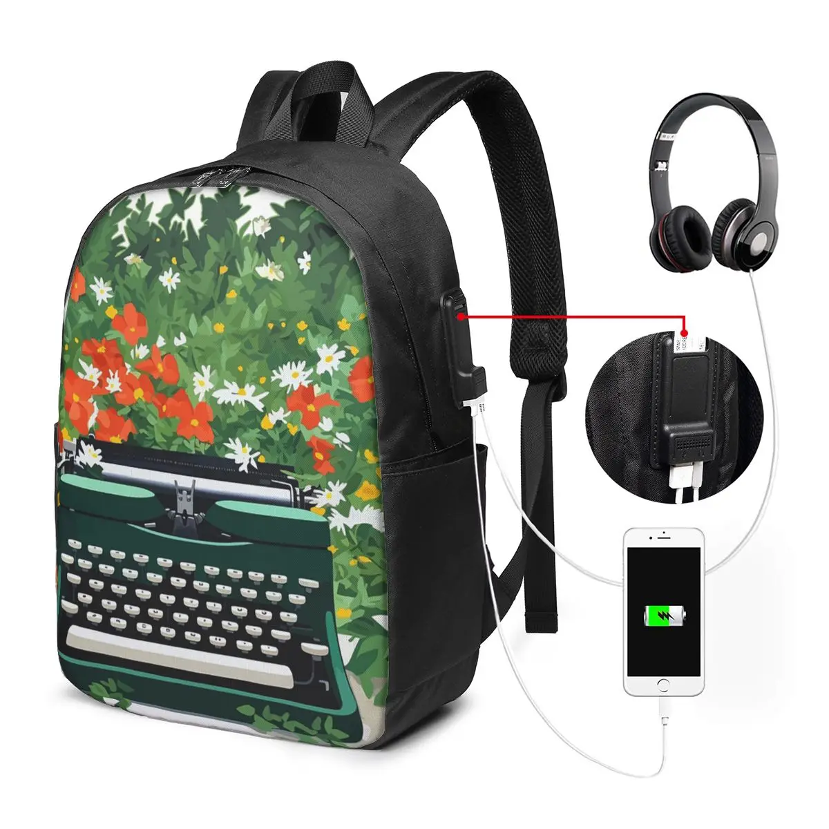 Typewriter With Flowers Abstraction Backpack Travel Notebook Bag Computer College Student School Bag Laptop Shoulder Bags