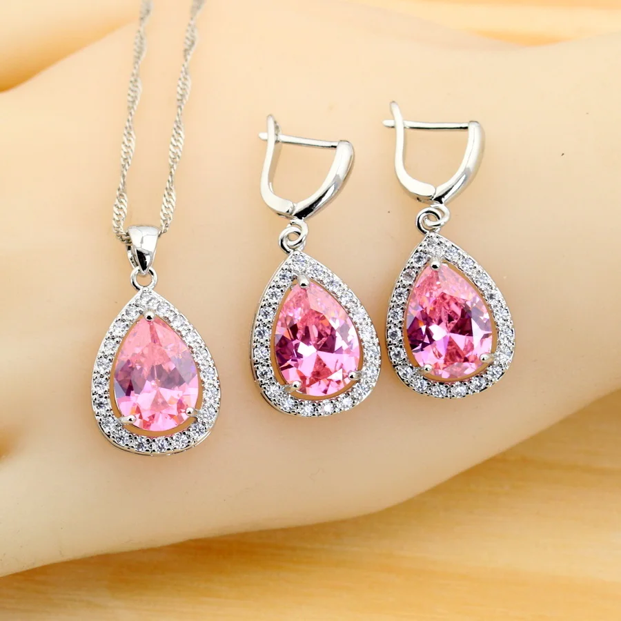 Classic Pink Zirconia Water Drop 925 Silver Jewelry Sets for Women Earrings Necklace Ring Bracelet Wedding Gift