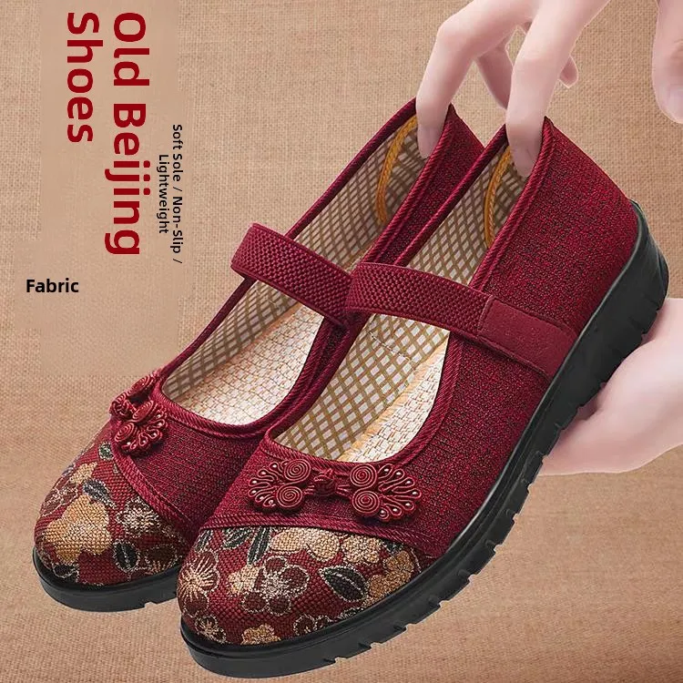 Beijing Ladies Flat Bottom Shoes Comfortable Breathable Anti-Slip Traditional Cotton Shoes for Middle-Aged And Elderly Women