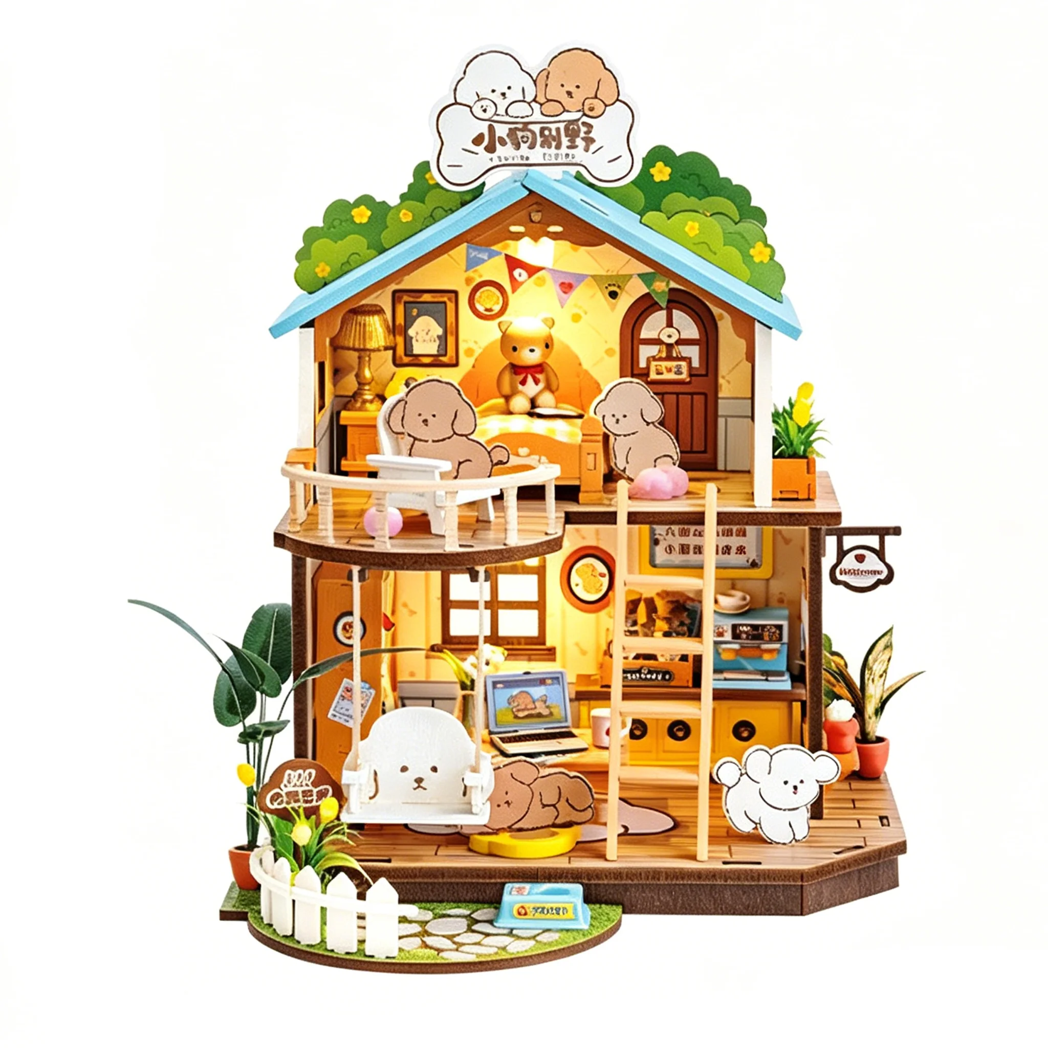 

3D Miniature Puppy Villa Dollhouse Building Set - Mini Dollhouse Kit Model with Lights, Gift for Dog Enthusiasts,Birthday Gift