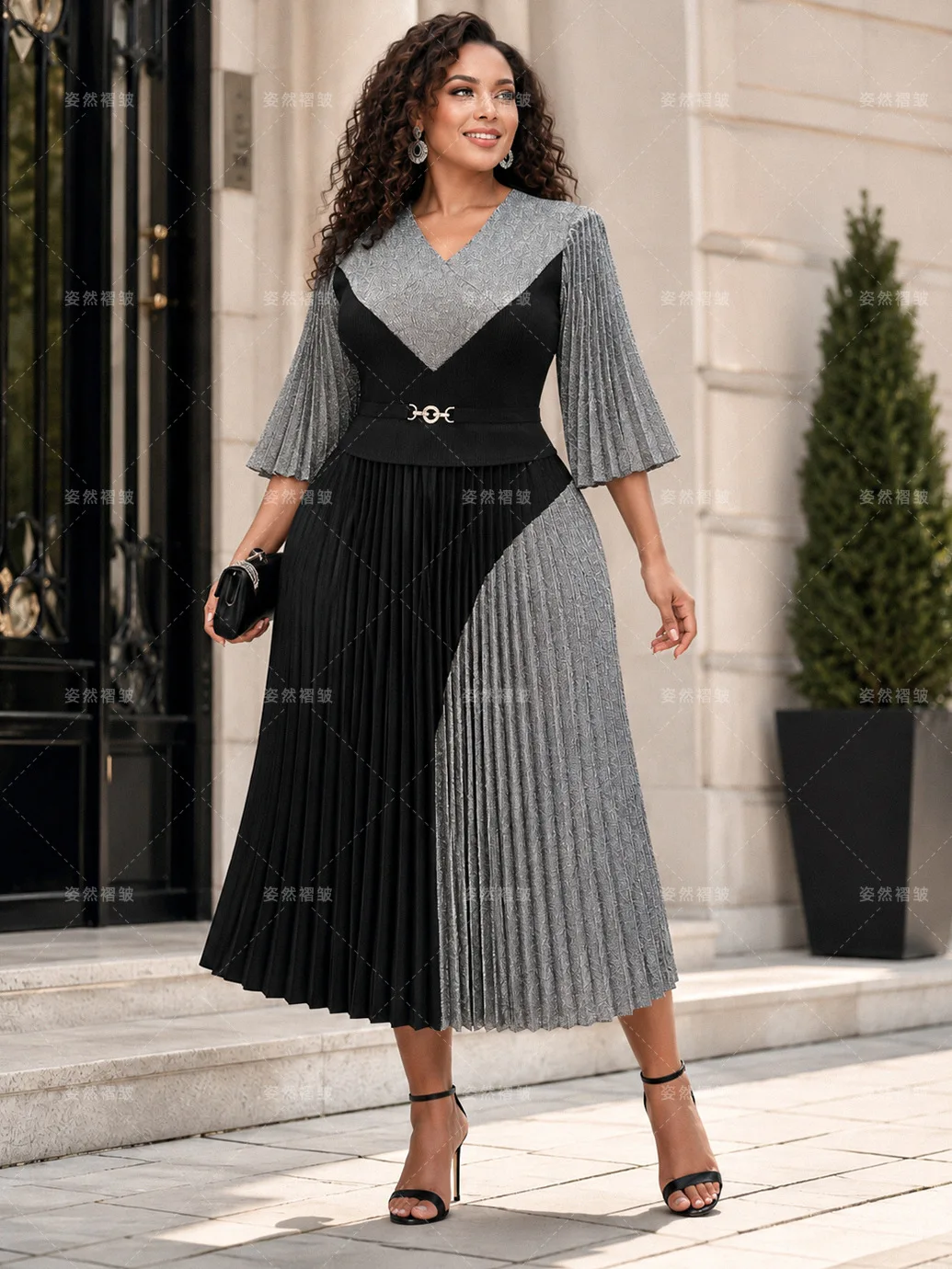 2026 New Fashionable Slimming Color-Blocking Patchwork Long Dress Loose Women's Miyake Pleated Dress