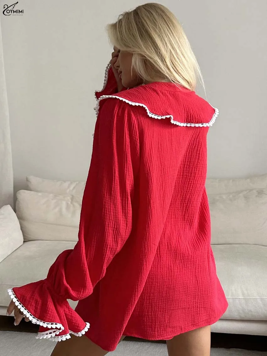 Oymimi Eleagnt Red Cotton 2 Piece Sets Woman Outfits Fashion Long Sleeve Lace Ruffled Button Shirts And High Waisted Shorts Sets
