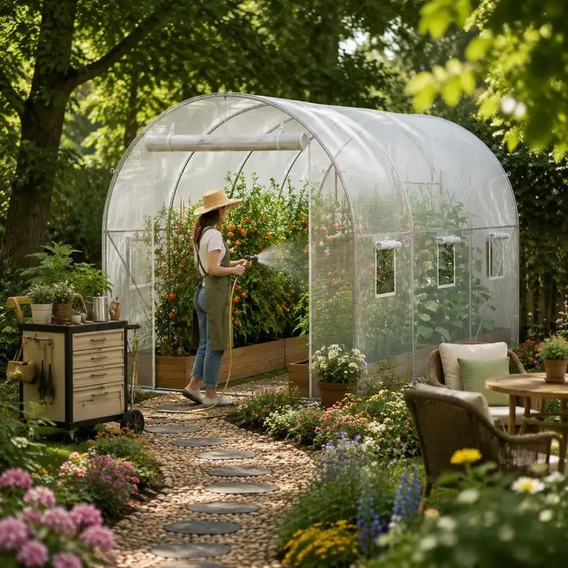 Serre tunnel de jardin 292x196x190 cm pour la culture de légumes et de fleurs, cadre en acier galvanisé, couverture en PE blanche, porte coulissante à six fenêtres, protection des plantes, croissance optimisée