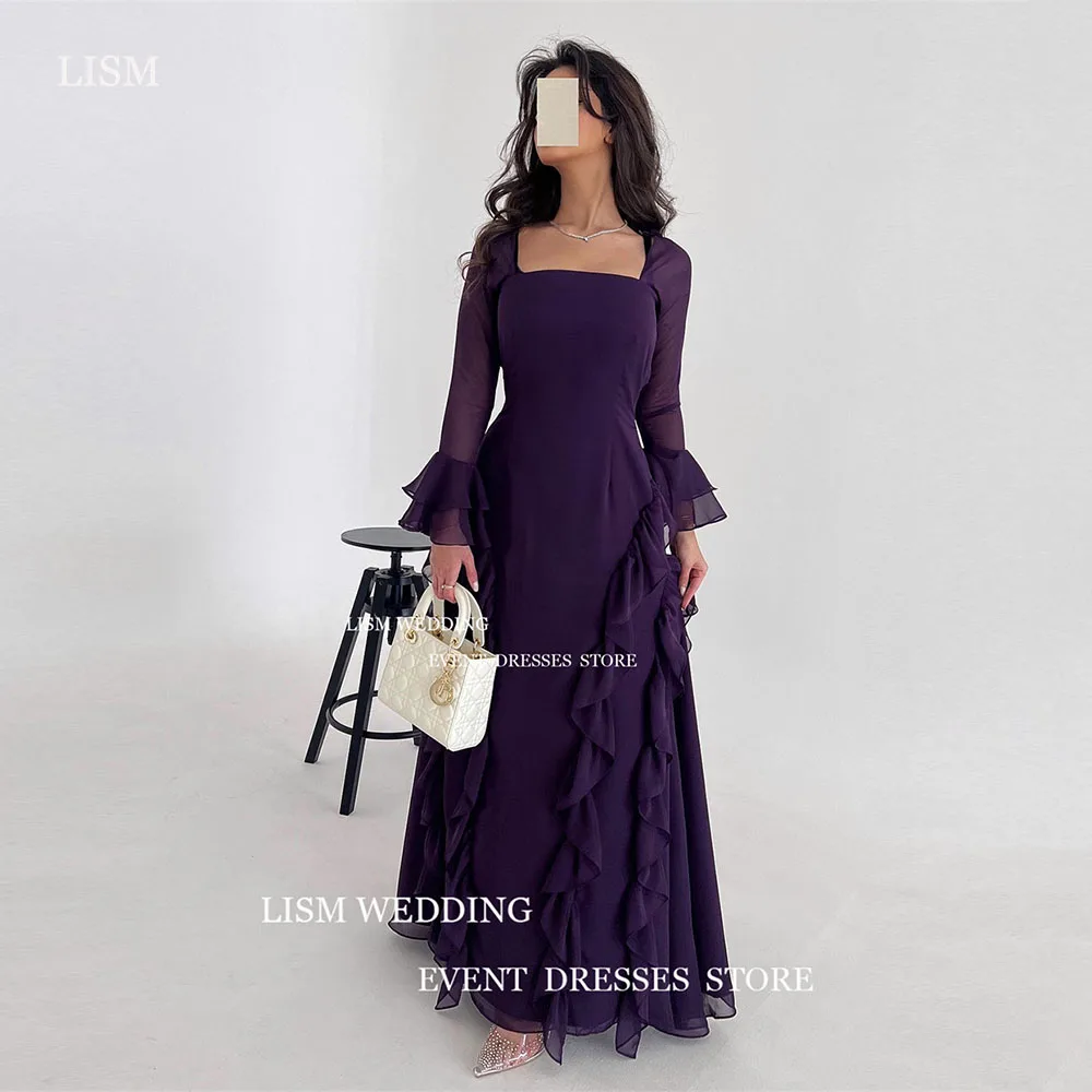 

LISM Modest Purple Saudi Arabia Women Evening Party Dresses Square Collar Long Sleeves Ankle Length prom formal gowns