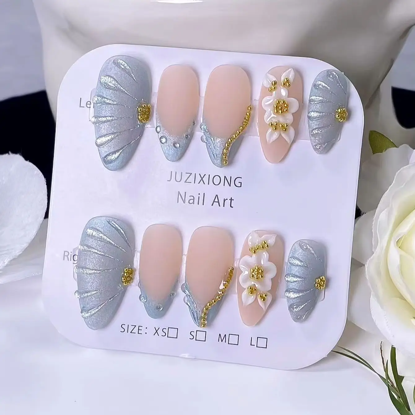 10‑Piece Blue French Matte Carved Press‑On Nails, Elegant & Romantic, Minimalist, High‑End, Sexy & Luxurious Nail Tips