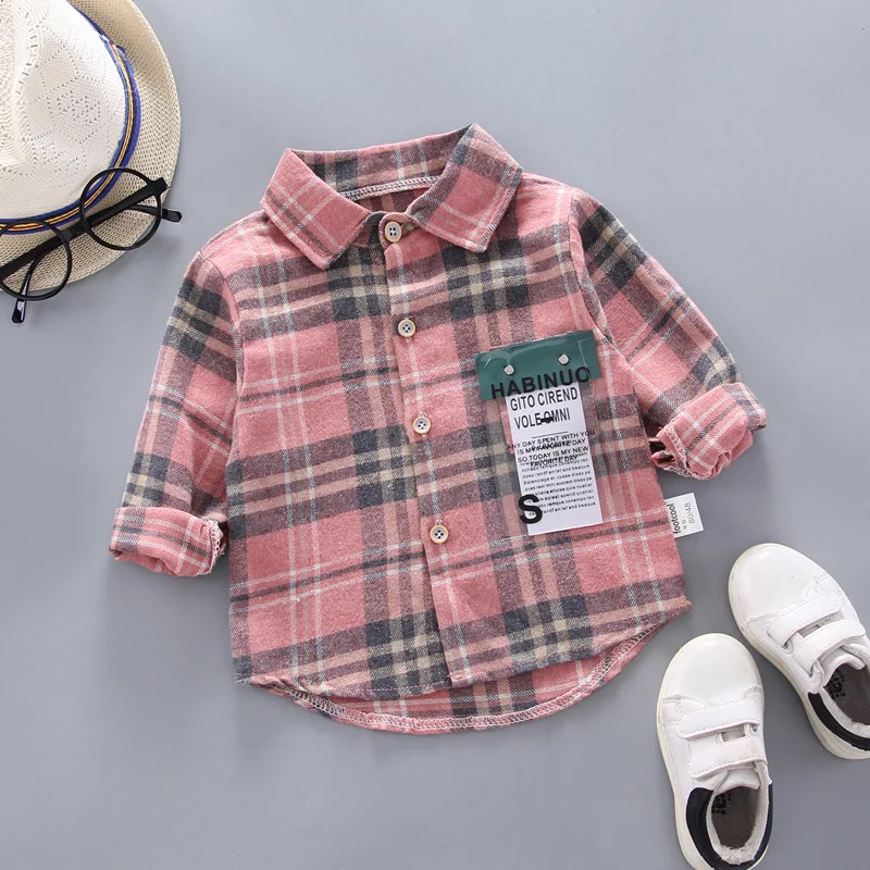 2023 Spring Boys Plaid Shirts Kids Long Sleeve Cotton Clothes Costume Baby Girl School Blouse Red Top Tee Shirts Outfit 18M-7Y