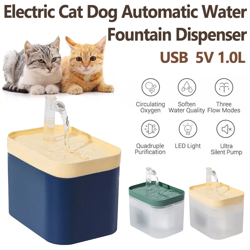 

1000mL Electric Cat Dog Automatic Water Fountain Dispenser Ultra Quiet PP Water Filter Pets Drinking Bowl Tools Accessories