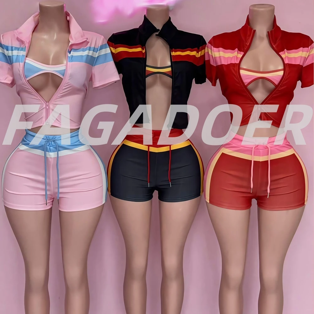 

FAGADOER Fashion 2 Piece Sets Woman Outfits Color Block Long Sleeves Jacket + Tanks Top and Shorts Tracksuits Female Streetwear