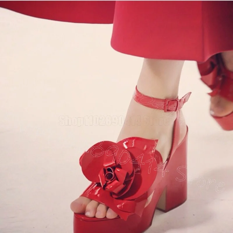 

Red Appliques Open Toe Platform Runway Sandals Buckle Strap Women Shoes Chunky High Heels Party Dating 2026 Zapatos Para Mujere