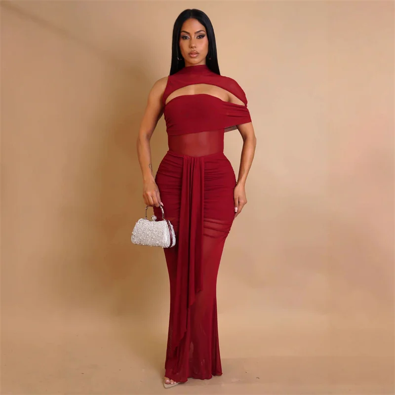 Doyerl Sexy maille pure Robes d'invité de mariage femmes élégant discothèque fête froncé ruban découpe moulante Maxi robe Robes Longues