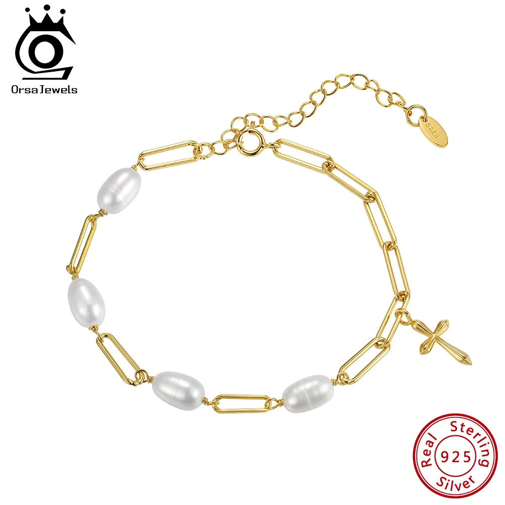ORSA JEWELS 925 Sterling Silver Natural Pearl Paper Clip Link Chain Bracelet with Cross for Women Fine Retro Jewelry GPB53