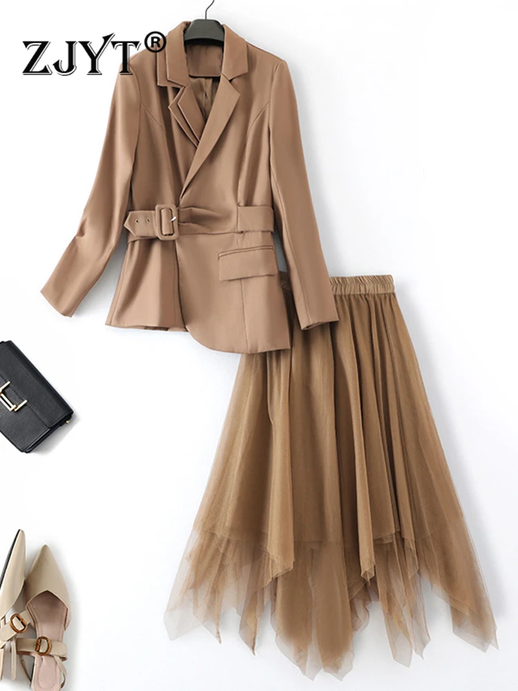 

ZJYT Business Office Blazer Suits Mesh Skirt 2 Piece Dress Sets Women Outfit Elegant Spring Autumn Conjuntos De Falda Vestidos