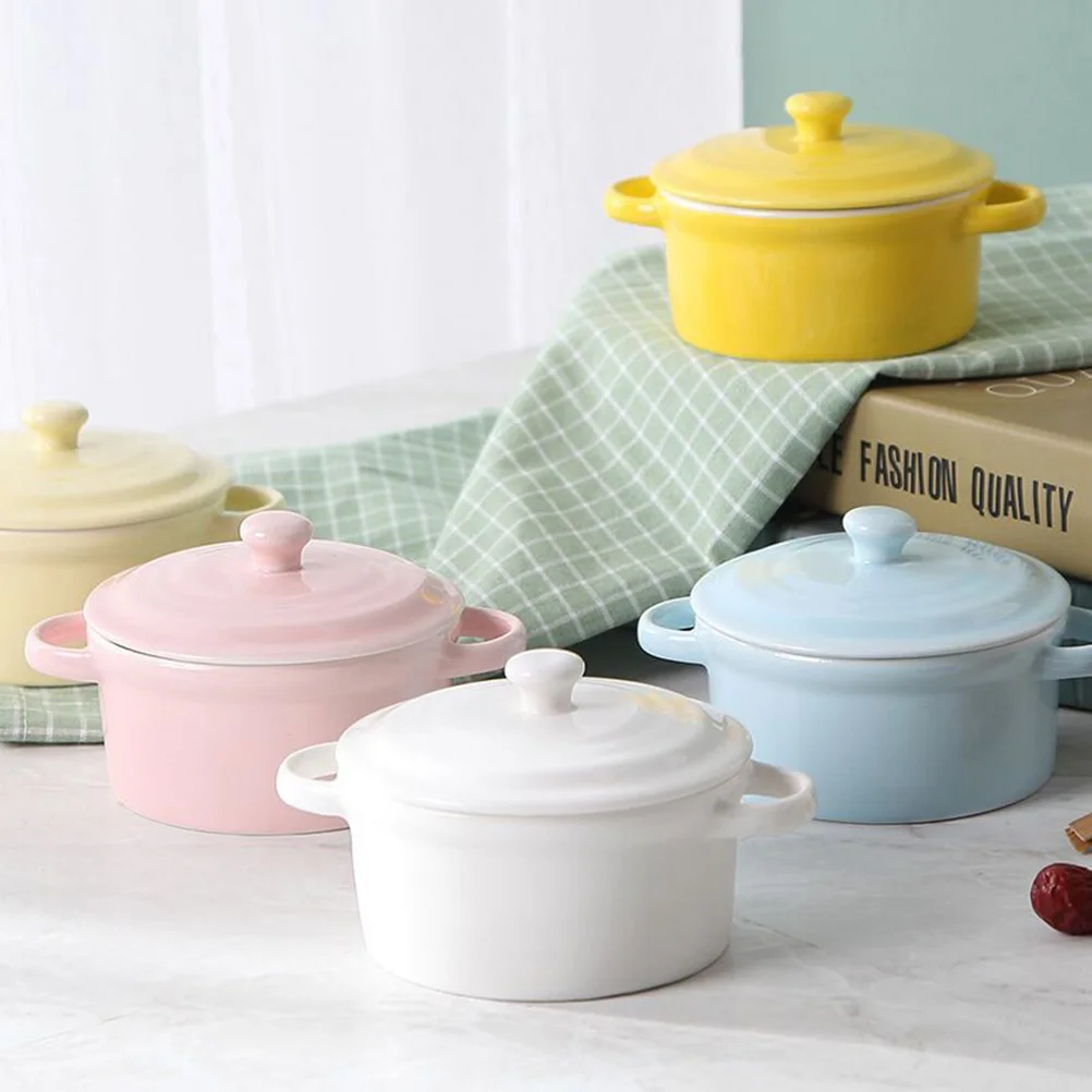 

200 Ml Steam Soup Bowl with Lid Ceramic Rice Double Handle Food Containers Lids