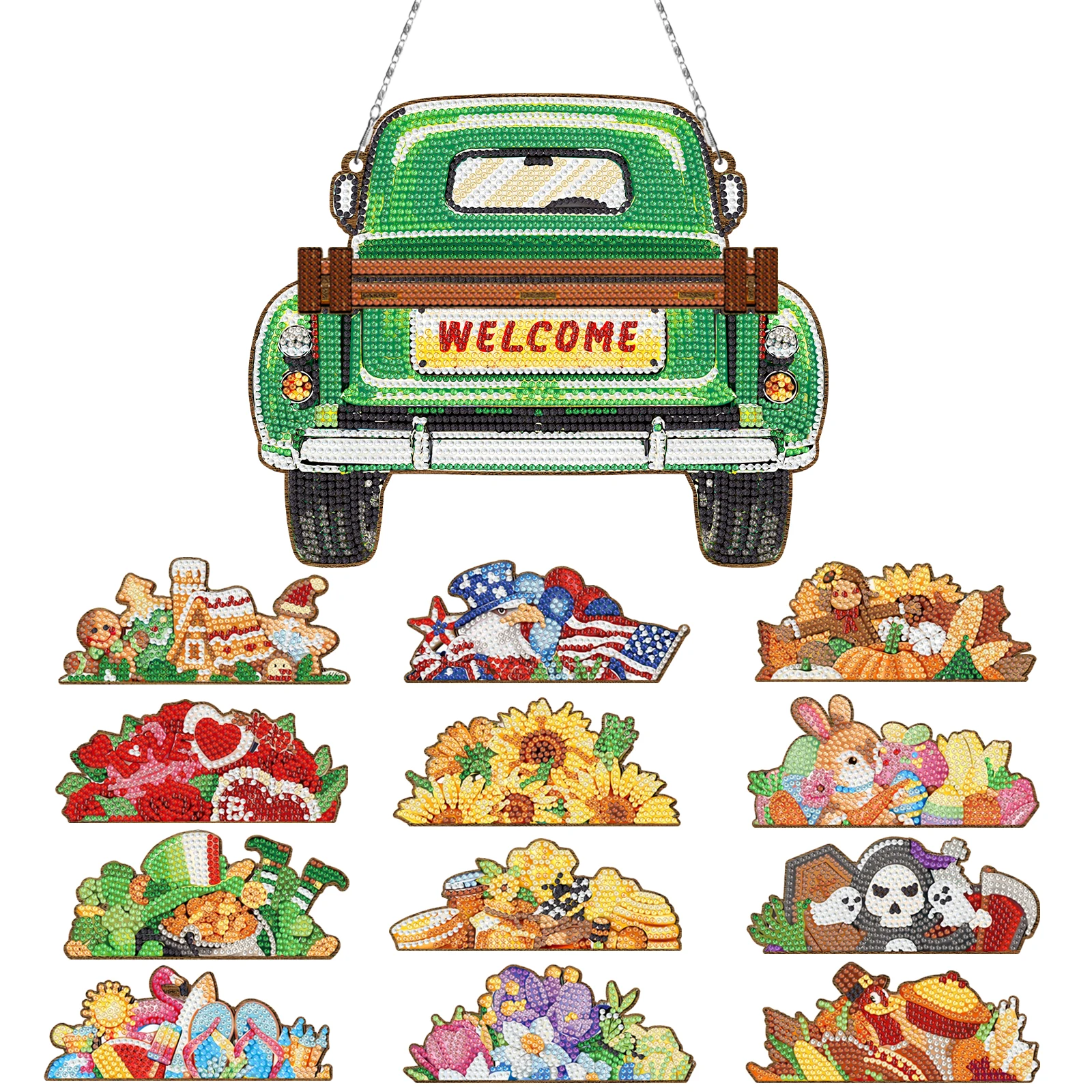 13pcs Diamond Painting Welcome Sign Interchangeable Seasonal Decoration Green Car Shape Diamond Painting