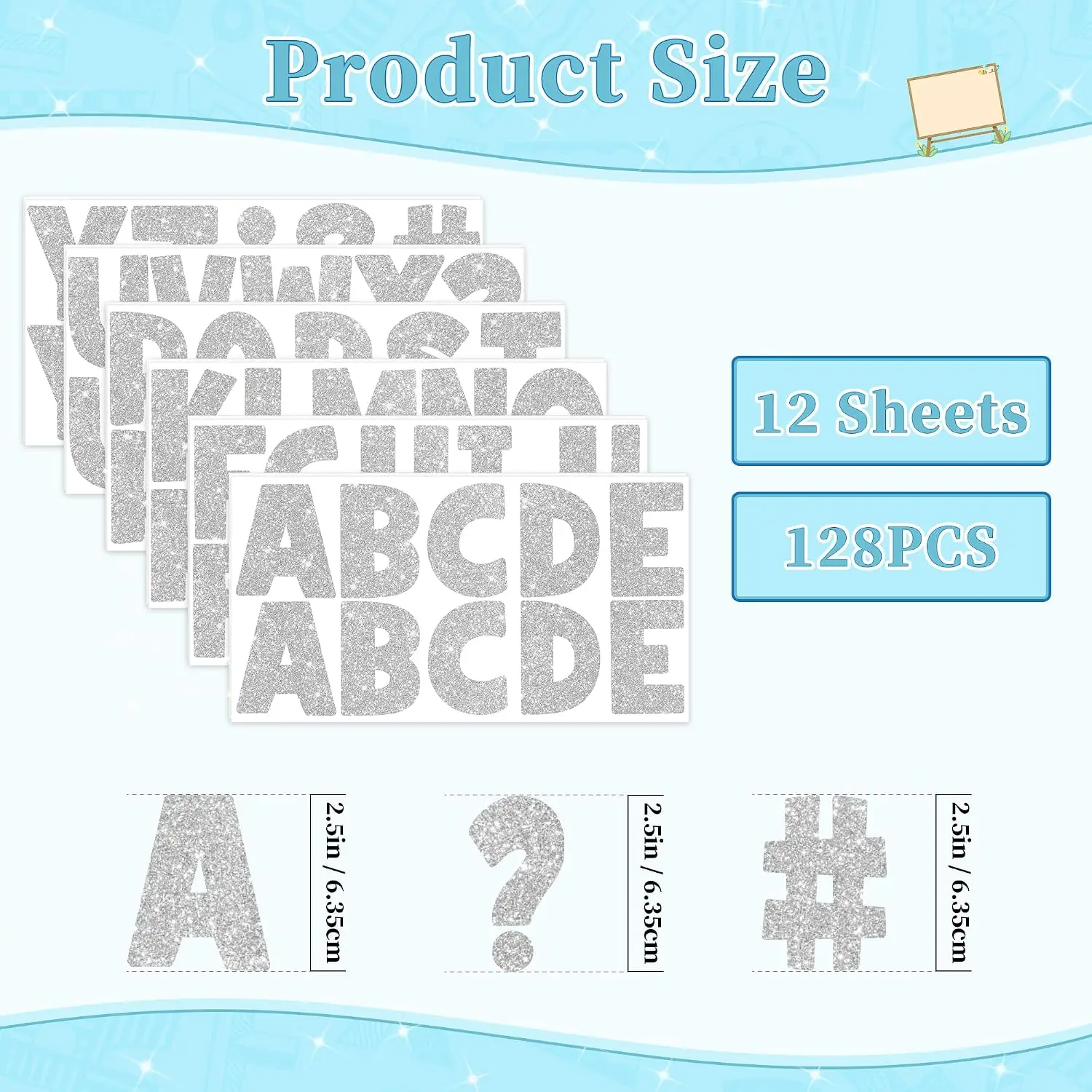 128Pcs 12 Sheets 2.5 Inch Glitter Silver Bulletin Board Letter Stickers, Large Self‑Adhesive Alphabet Stickers for Classroom
