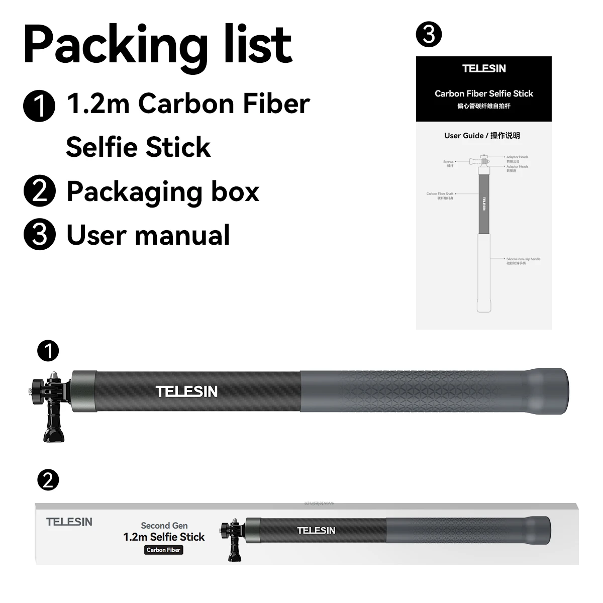 Telesin 3M 1,2M Unsichtbarer Carbonfaser-Selfie-Stick für Hero 13 12 11 10 9 DJI Action5 4 3 Insta360 X5 X4 Motorrad-Zubehör – Detail 33
