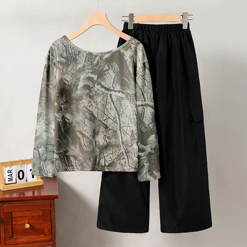 Girls 8-12 fashion outfit, tie-dye print top & elastic waist cargo pants, lightweight and cool for outdoor wear