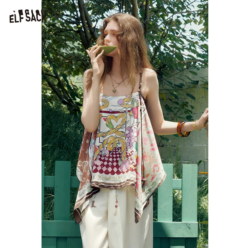 ELFSACK Women's Asymmetric Hem Fruit Floral Printed Cami Top with Bead Decor Straps, Loose Satin Boho Vacation Tank for Summer