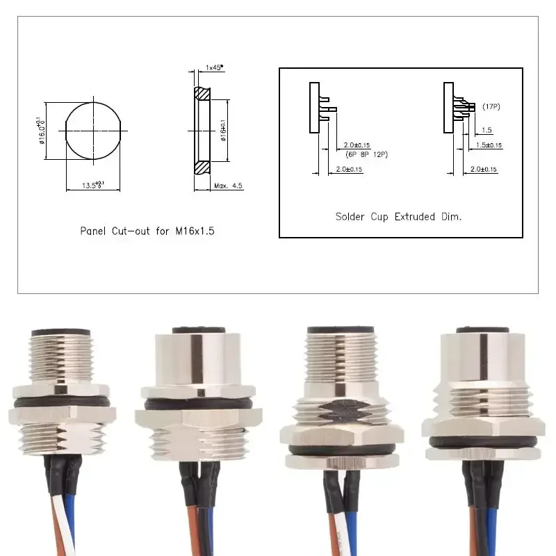 M12 4 5 6 8 12 17 Pin Socket with 30CM Wire Waterproof Male Female Connector Opening M16 M12 PG9 Panel Rear/Front Wire Plug