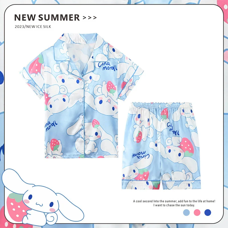 Pijama de Anime Sanrios para niños, ropa de dormir de seda de hielo, Kawaii, MyMelody, Kuromi, Cinnamoroll, cárdigan de manga corta de dibujos