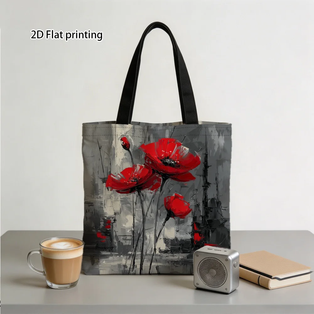 Women's Large Tote Bag with Vintage Red Poppy Oil Painting - Ins-Style Suitable for School, Commuting & Travel, Handbag