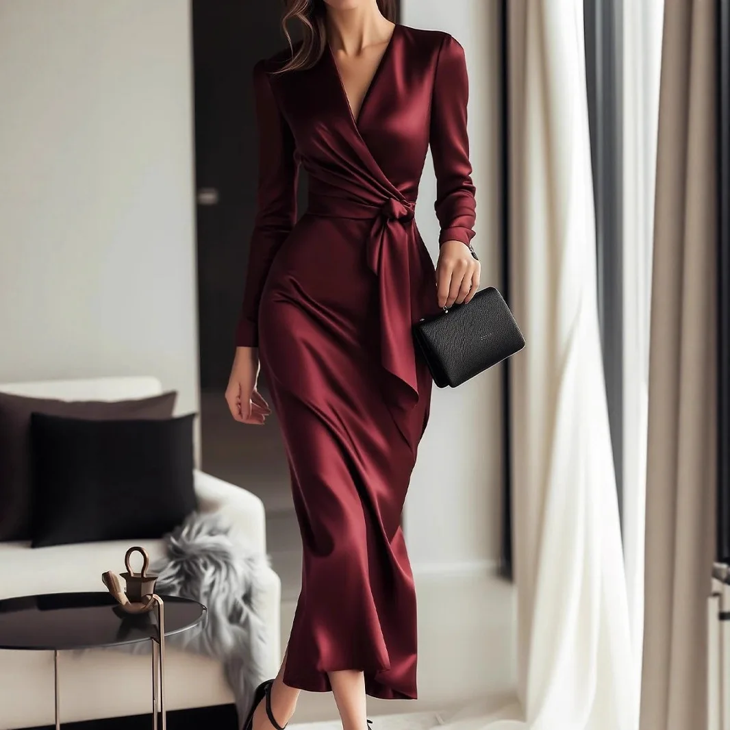 

2026 New Fashion Slim Hip Hip Dresses Women Spring Sexy And Elegant Solid Color V-neck Strappy Dress Long Skirt For Women