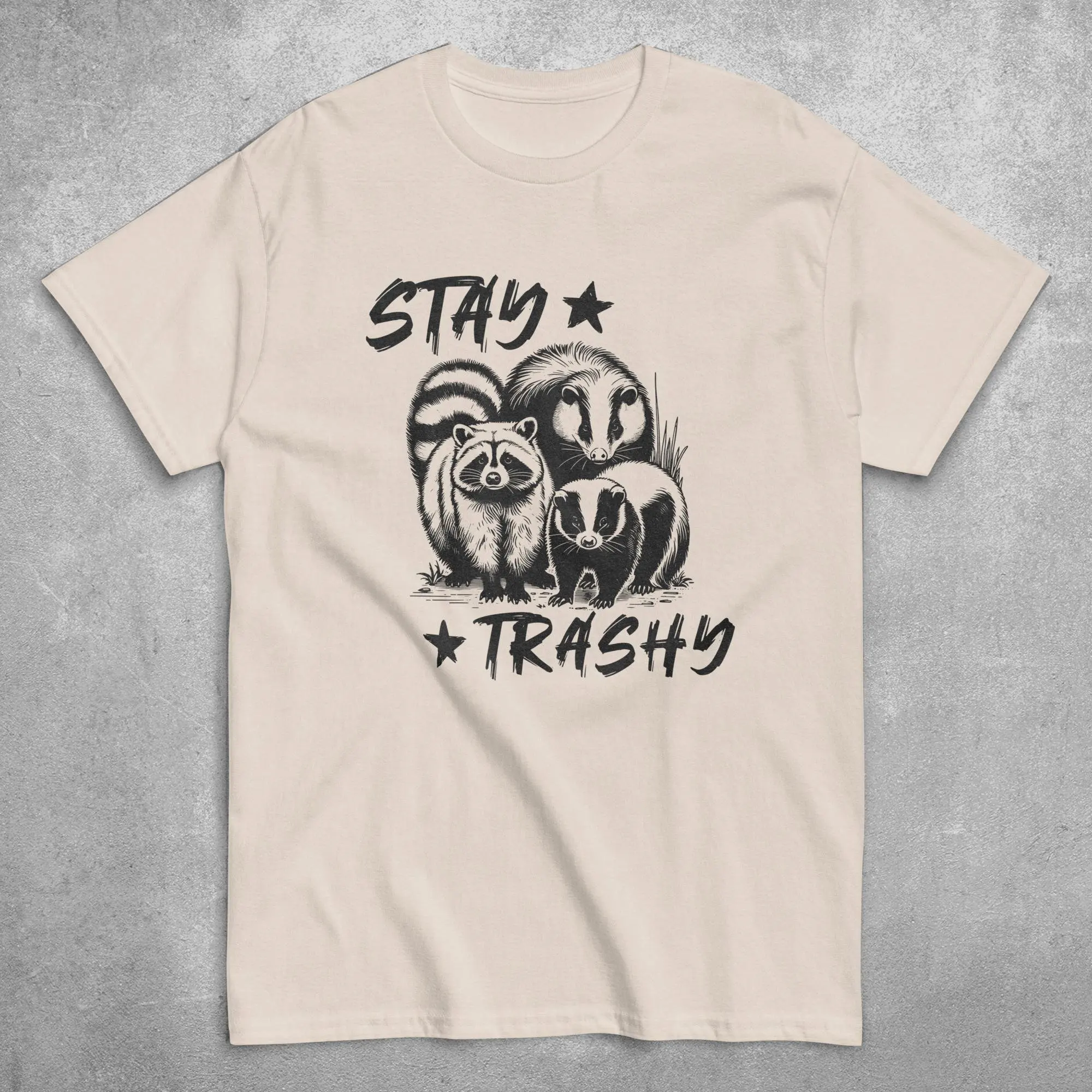 Stay Trashy Retro Animal Humor Funny Raccoon Opossum Skunk Sarcastic Squad T Shirt Quirky Design