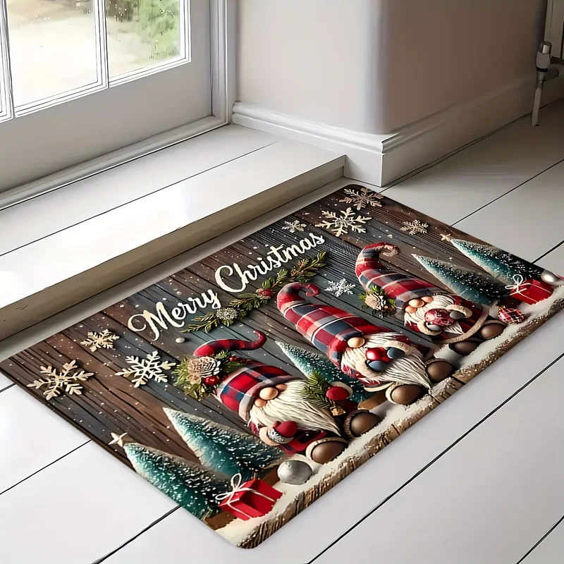 VIKAMA Buffalo Plaid Gnome Door Mat Christmas Tree Non Slip Welcome Floor Rug For Entryway Front Door Porch Xmas Decor