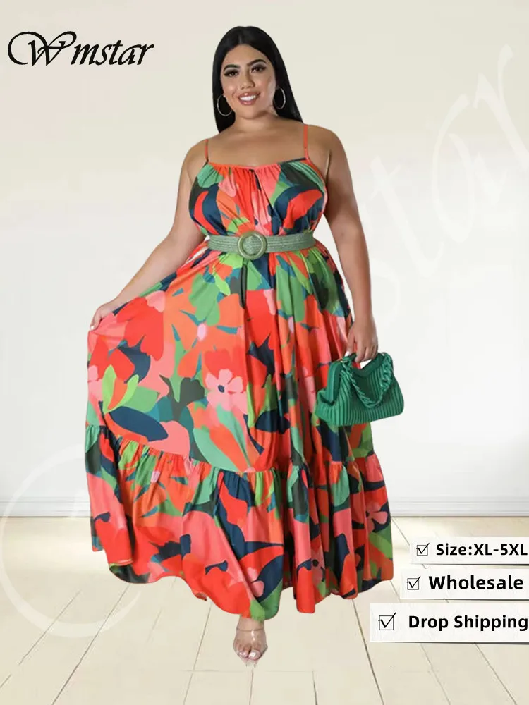 Wmstar Plus Size Dresses for Women Flowers Print Sexy Slip Big Hem Draped Maxi Dress Sweet Style Wholesale Dropshipping Xl- 5xl