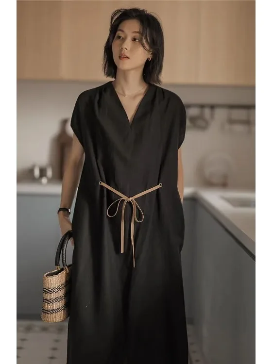 Artistico coreano V-Ne Loose Fit Cotton Lin da donna Dr Ele taglio dritto ingombrante in vita Maxi Dr Summer Faion