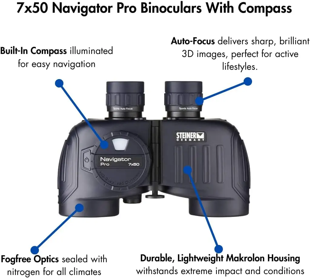 Binóculos 7x50 Navigator Pro com ampliação 7X, óptica de alto contraste, sistema de prisma flutuante, foco esportivo e automático, Del