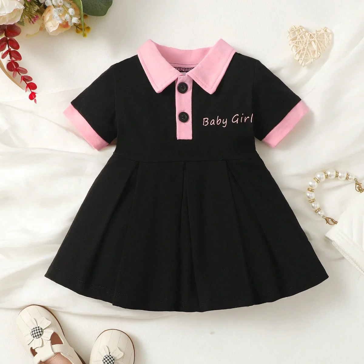 Summer Baby Girl Letter Graphic Contrast Collar Pleated Hem Dress