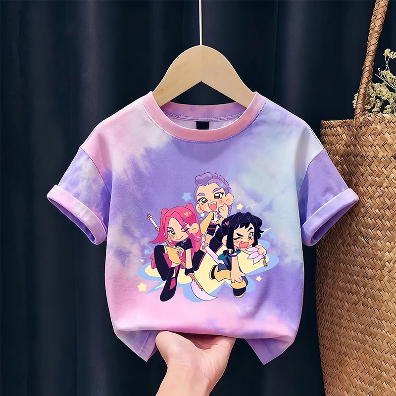 KPop Demon Hunters enfants T-shirt mignon imprimé figurines d'anime fille garçon à manches courtes enfant mode cravate colorant T-shirt maison vêtements haut cadeau