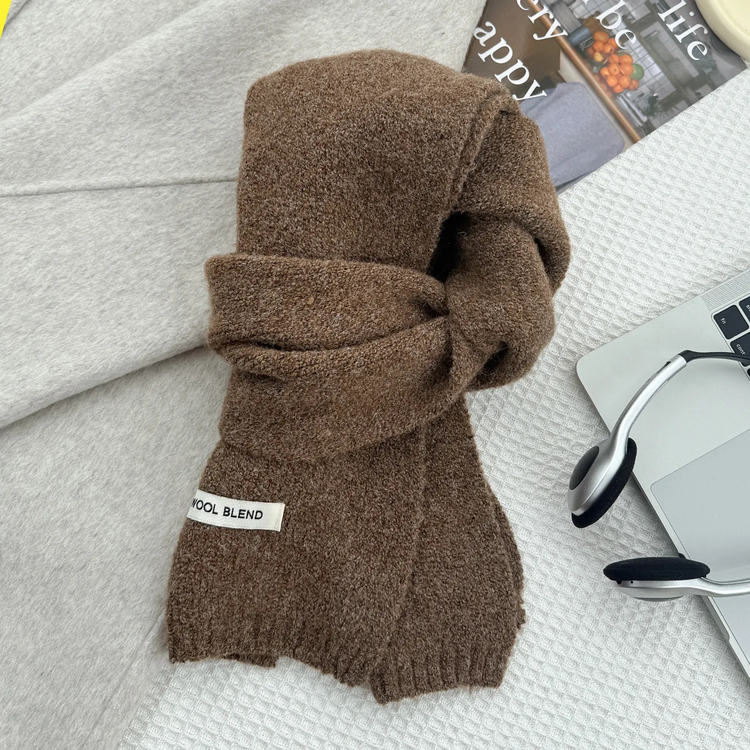 وشاح منسوج من الصوف للجنسين بلون سادة وسميك ودافئ للشتاء لتدفئة الرقبة جمالي جديد للنساء والرجال