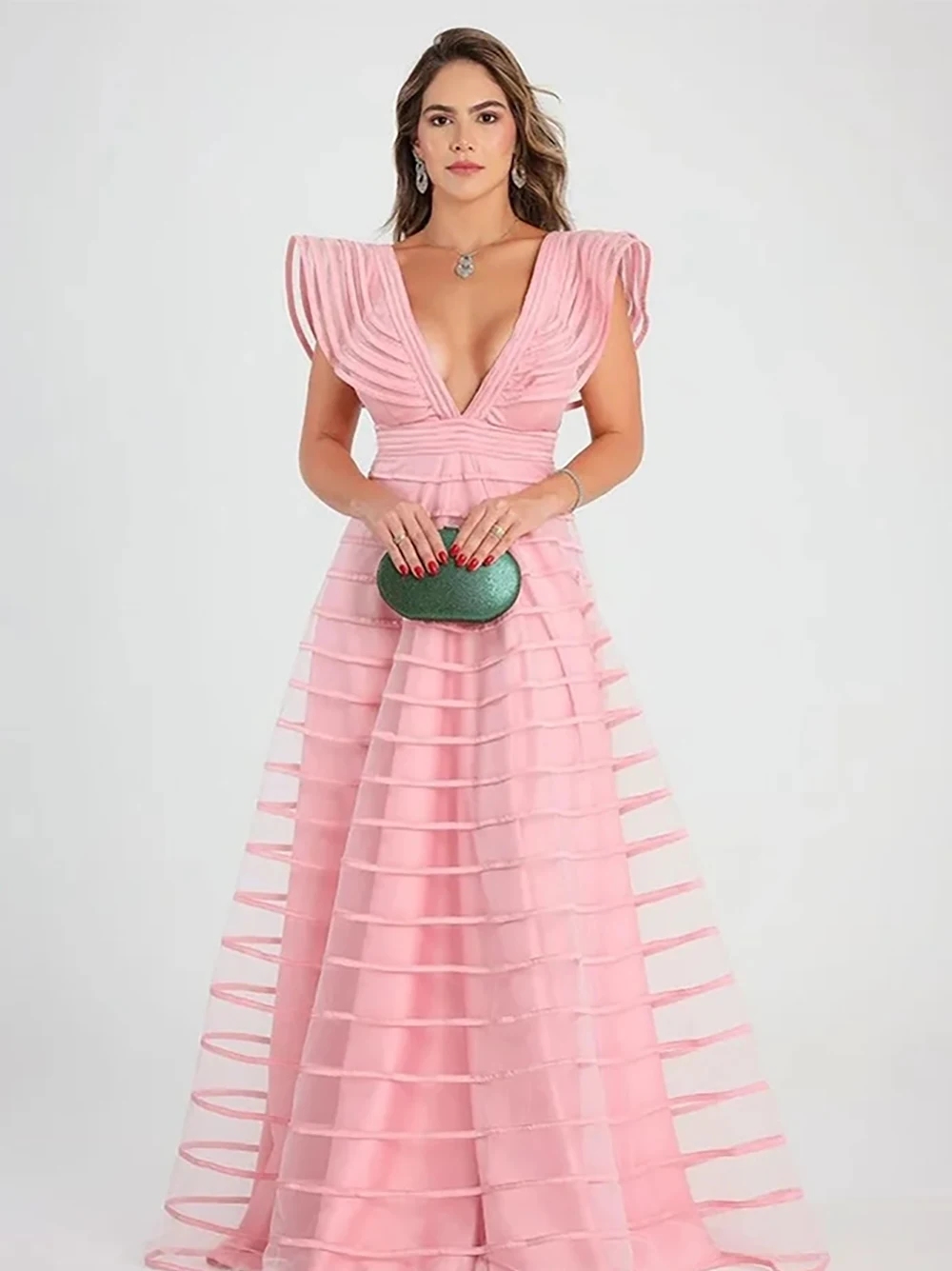 Verngo Fuschia A Line Long Evening Dresses V Neck Cap Sleeves Floor Length Prom Dress Women Party Special Occasion Dress