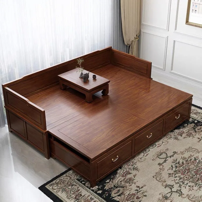 

New Chinese solid wood bed small apartment telescopic storage simple multi-functional sofa