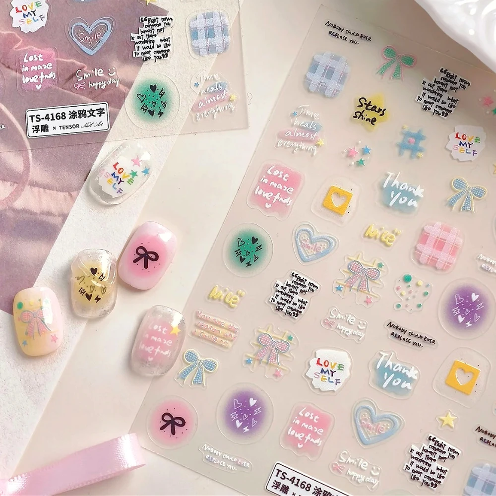 

Lovely Colorful Graffit Text Love Stars Bowknot 5D Embossed Self Adhesive Nail Art Stickers Cartoon Manicure Decals Wholesale