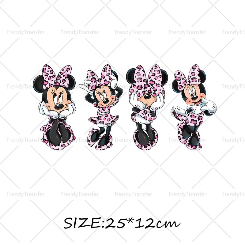 Roze Luipaard Minnie Mouse Karakter Opstrijkpatronen DTF Prints Warmtepersstickers voor kleding Strijkstickers