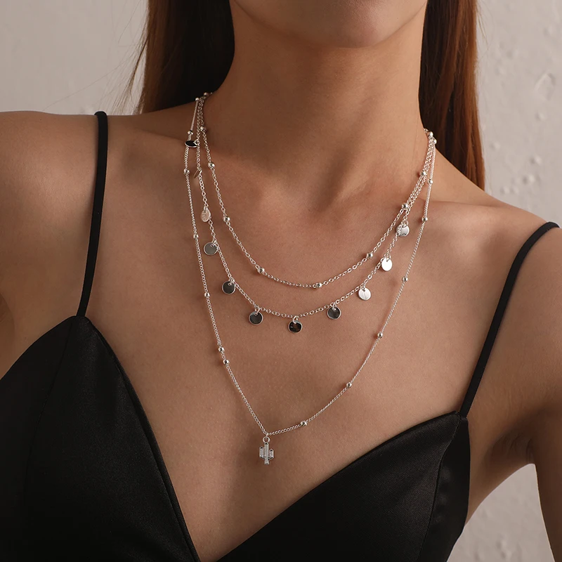New 925 Sterling Silver Multi-layer Necklace Charm Geometric Shape Woman Pendant Choker Birthday Gift Exquisite Jewelry