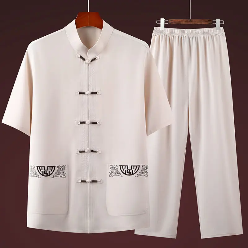 Tang Suit Summer Breathable Chinese Style Retro Shirt Pants Short Sleeve Hand Button Embroidery Oriental Traditional Clothing