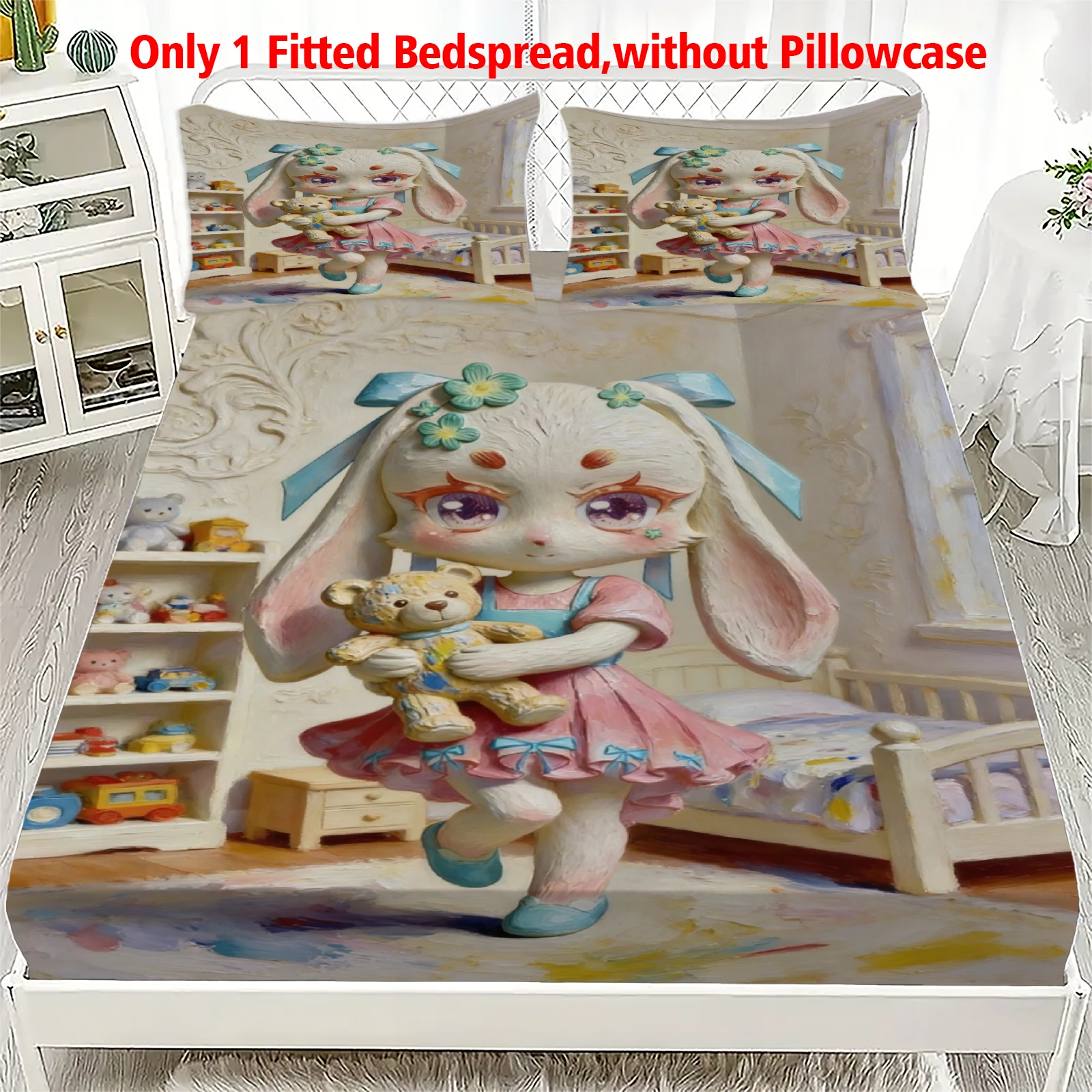 3pcs Fitted Sheet Set Soft Fluff Town Lulu-Sleepy Bunny Breathable Fitted Sheet Set for Home Decor with 2 Pillowcases For Kids