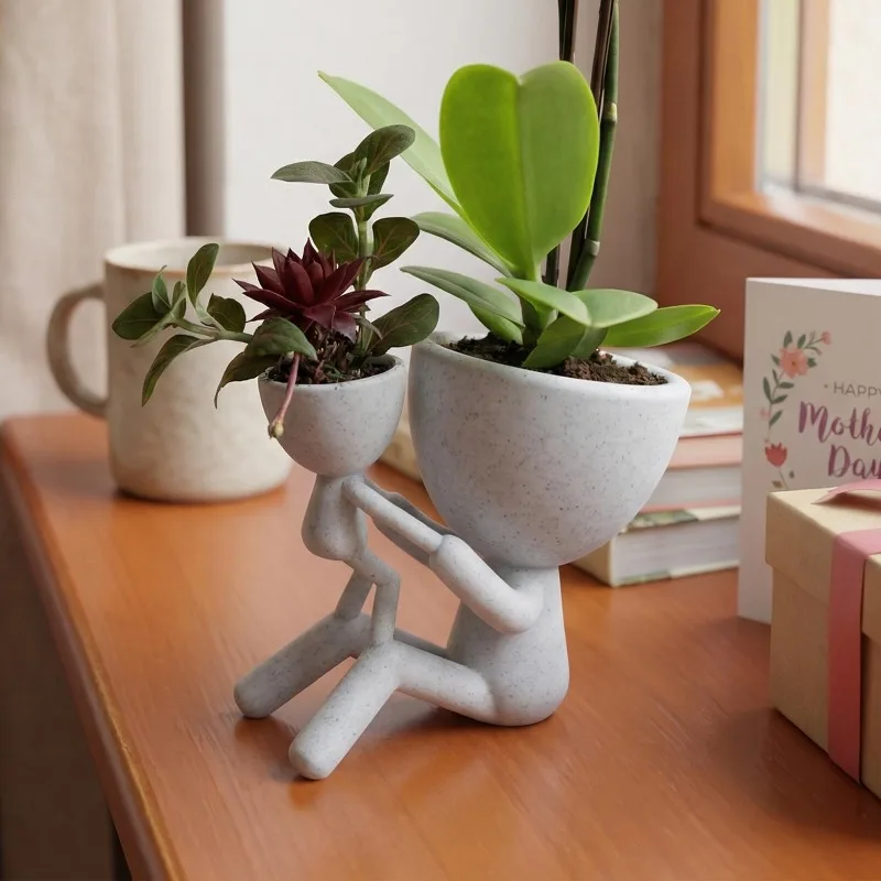 Pot de fleurs figuré Mère et Enfant, pots à succulentes à texture imprimée en 3D, pot décoratif unique pour cactus, meilleur cadeau